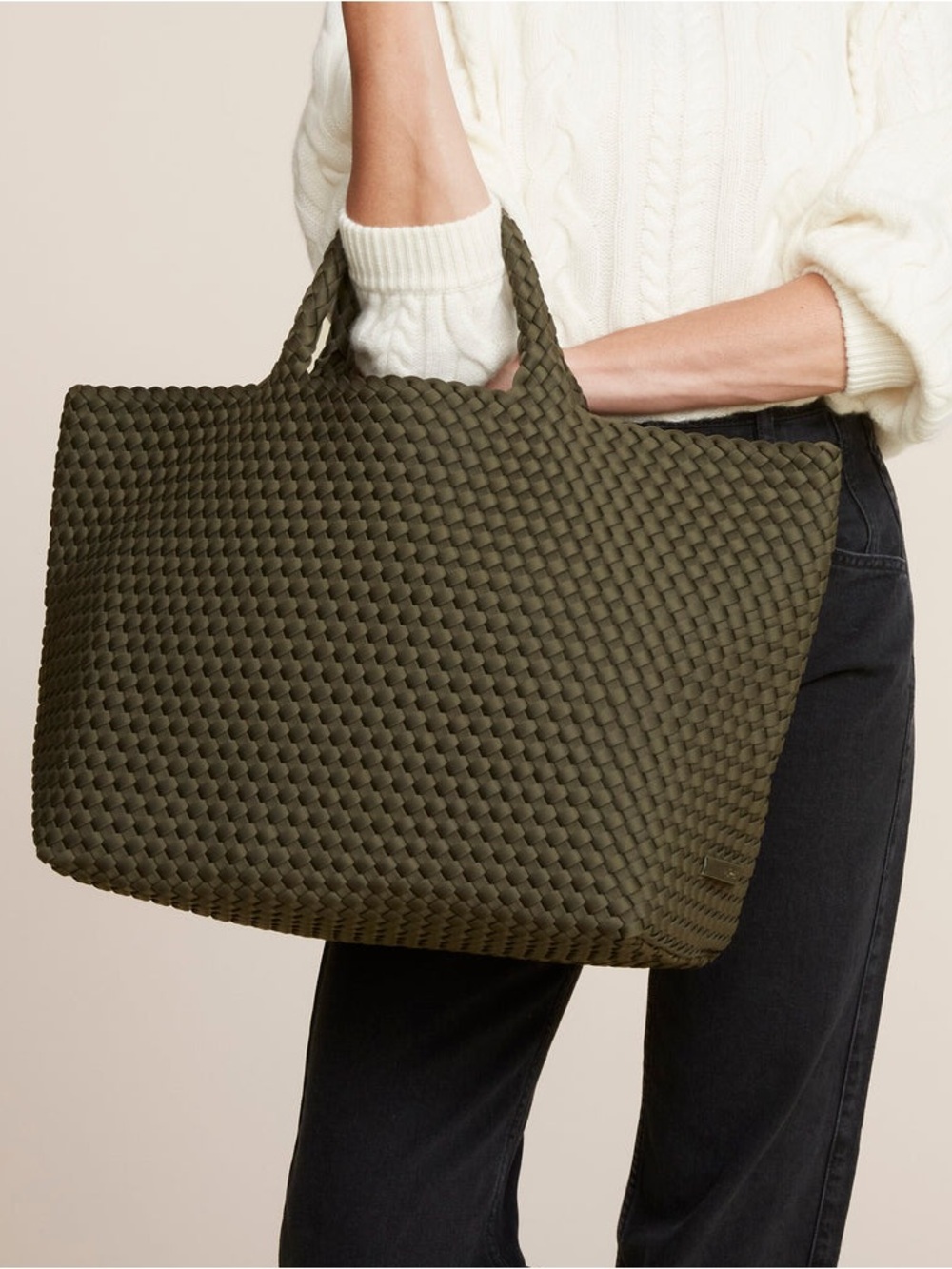 Naghedi St. Barths Large Woven Tote Bag Shopper Olive Green Minimalist Weekend